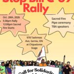 Poster for the Oct. 28, 2026 Stop Bill C-39 rally at Chipadome Stage, 978 Tashmoo Ave., with a sacred fire at noon and rally at 5:30 p.m.