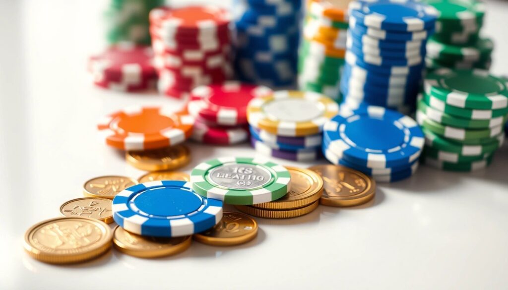 Stacks of coloured casino chips and gold-coloured coins