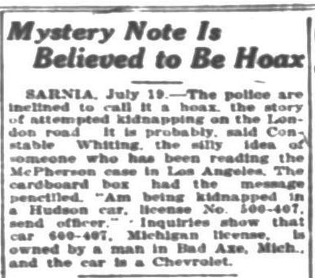 A lunch box, a kidnapping plea and a 1926 mystery police called a hoax